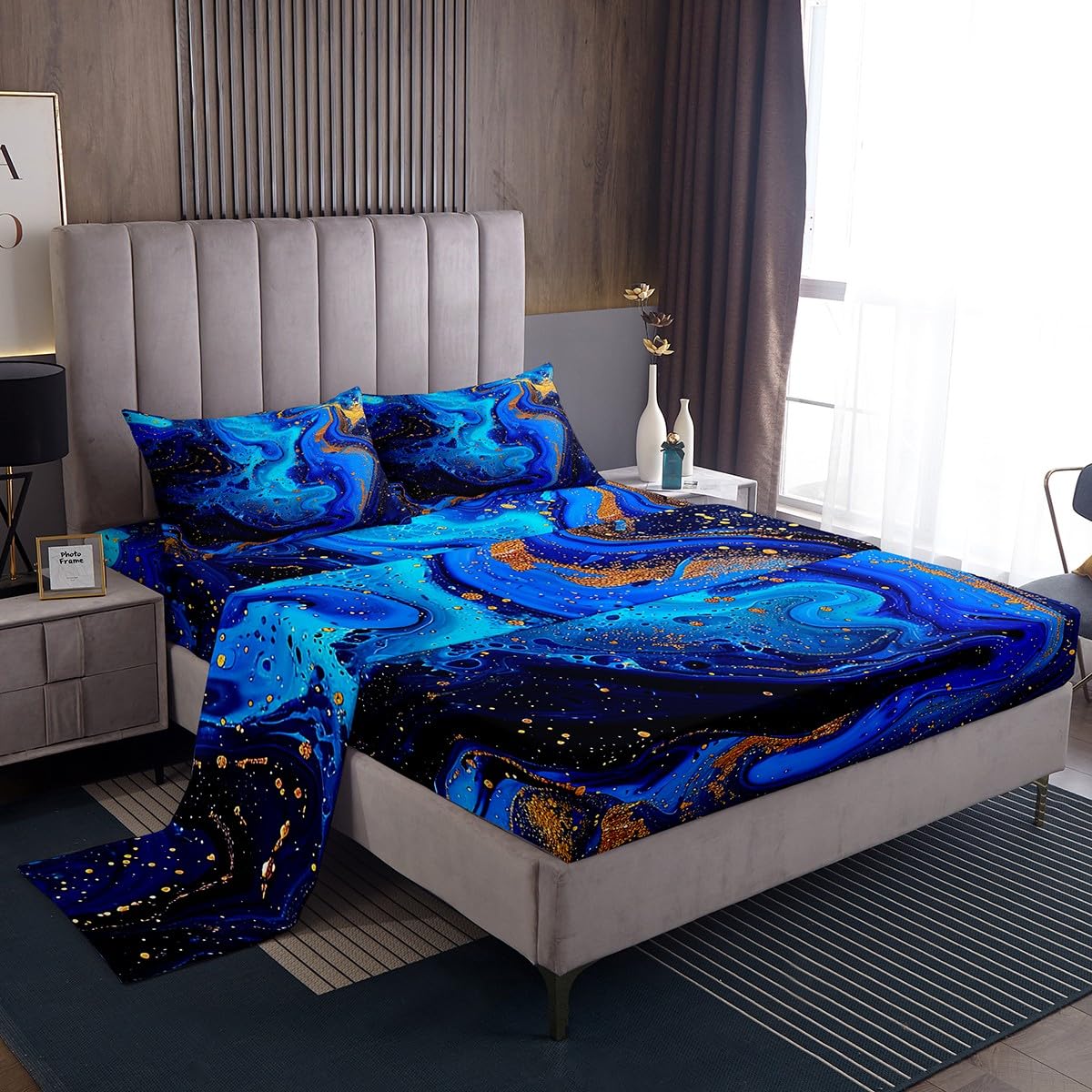 Erosebridal Marble Print Sheet Set - Trippy Grunge Fluid Golden Blue Tie Dye Swirl Gothic Abstract Art Design - Deep Pocket Fitted Sheet + Flat Sheet + Pillowcase - Twin Size - Perfect for Bohemian Bedroom Decor & Gothic Aesthetic Lovers