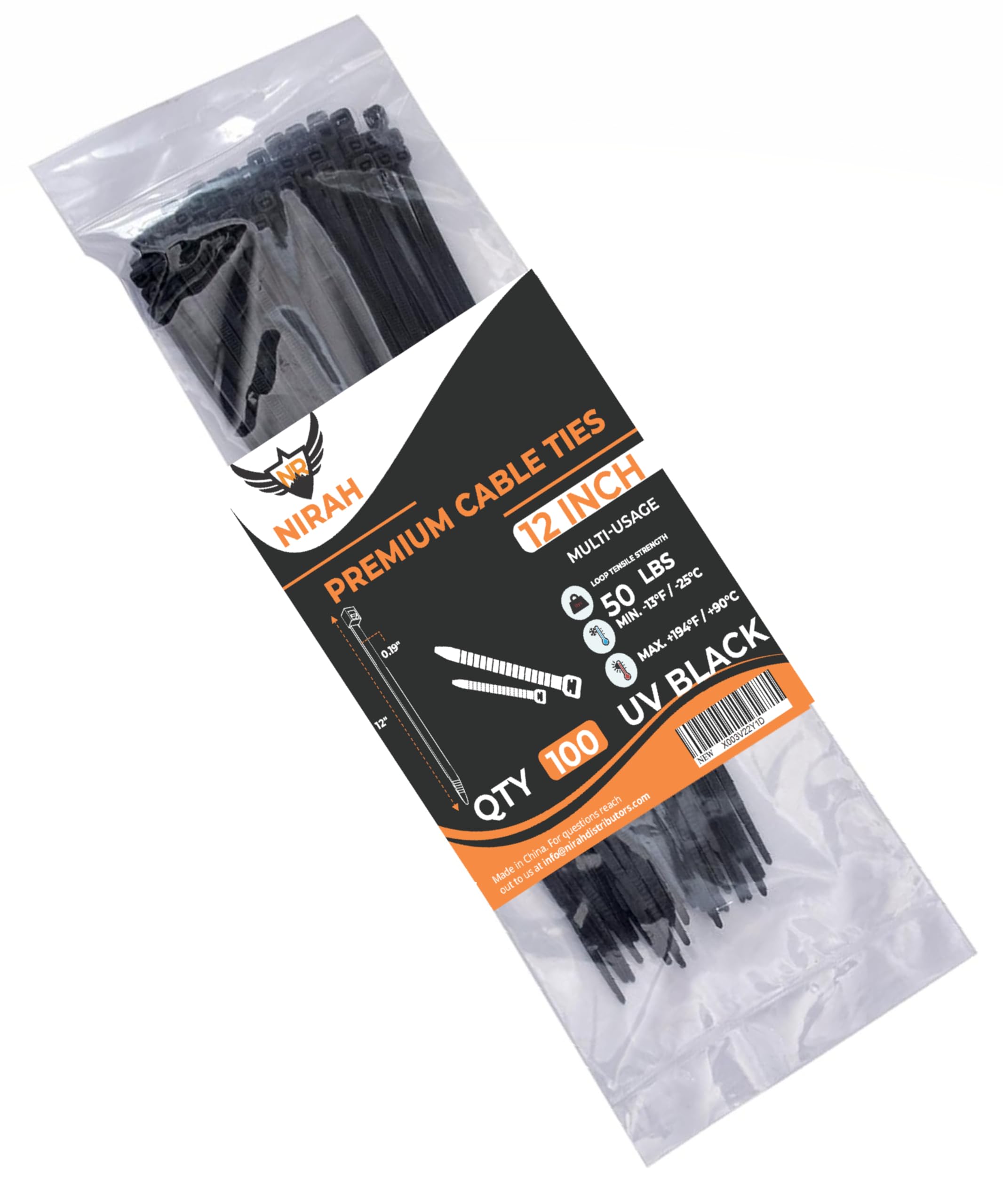 100-Pack 12-Inch Heavy Duty Black Zip Ties - 50lbs Tensile Strength, UV Resistant Cable Ties with Resealable Storage Bag for Indoor & Outdoor Use - Perfect for Organizing Cables, Securing Plants, and DIY Projects - by Nirah