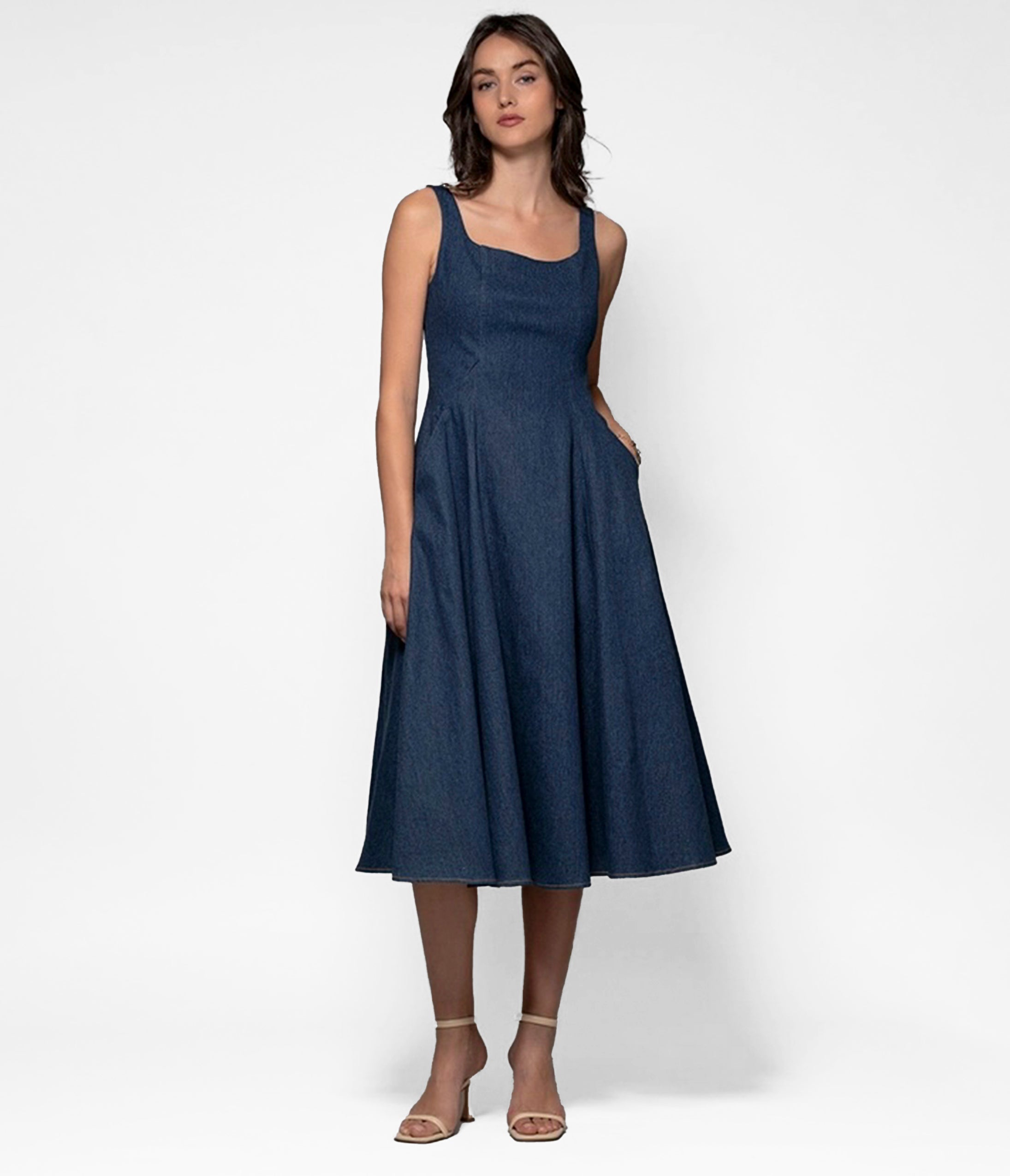 Women's Denim Square Neck A-Line Midi Dress - Casual Summer Dress for Brunch, Date Night & Outdoor Events