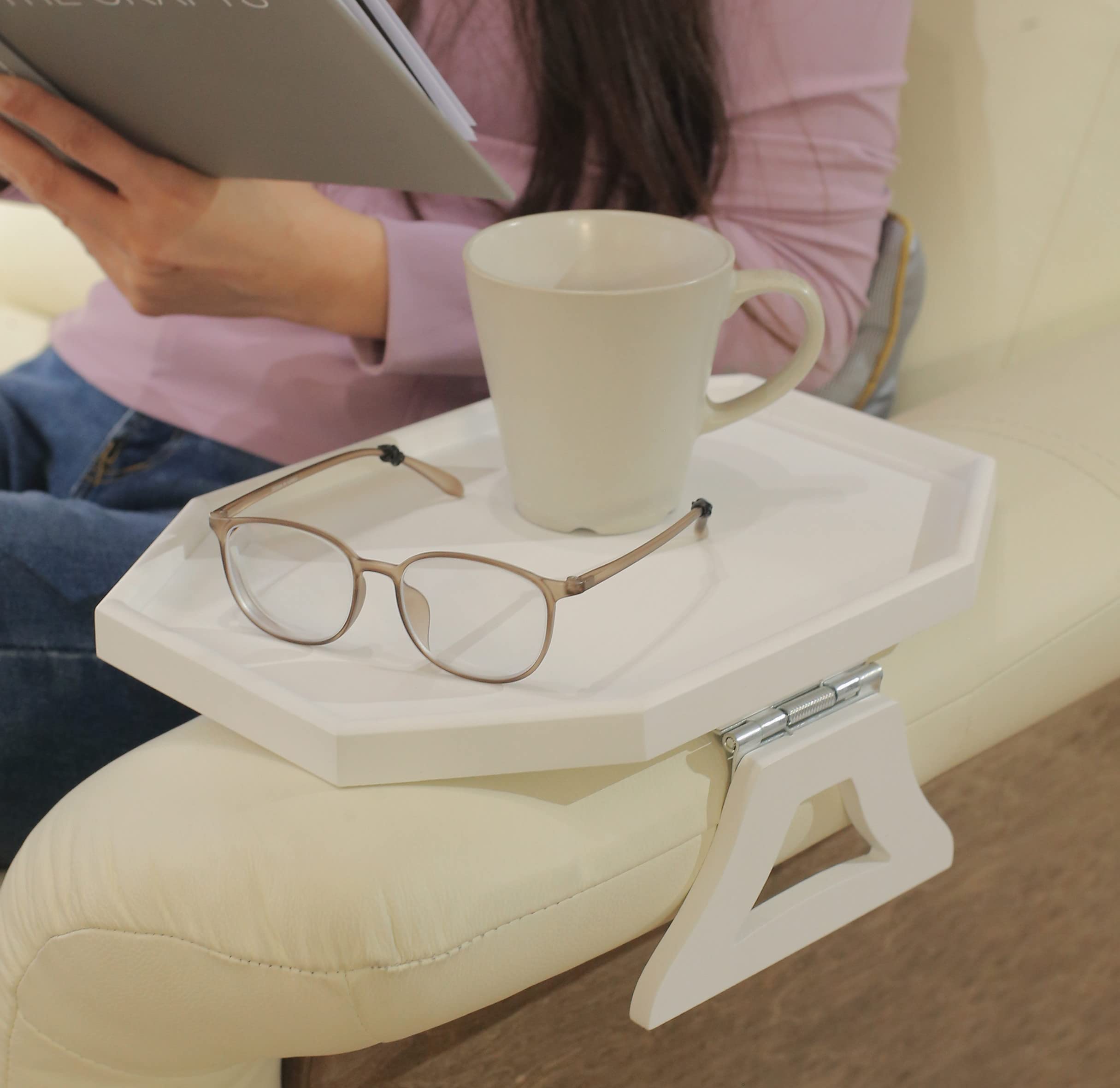 Wooden Recliner Armrest Tray - Clip-On Sofa Couch Table Organizer for Coffee, Snacks, Phone & Remote Control - Perfect for Living Room, Bedroom & Home Theater (White)