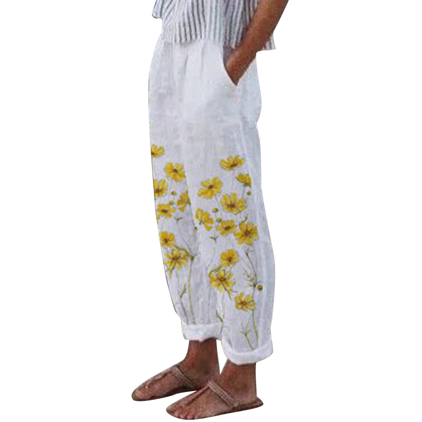 Women's High Waist Straight Leg Pants - Cotton Casual Trousers with Pockets, Floral Print & Loose Fit | Perfect for Work, Office & Everyday Wear