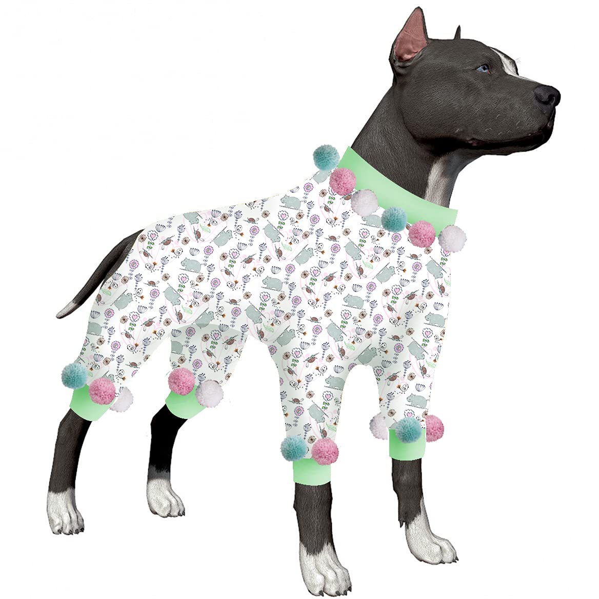 LovinPet Large Dog Pajamas - UV & Post-Surgery Protective Onesies with 4 Legs & High Collar | Lightweight Stretchable Hippo/Bird/Tortoise Print Dog Jammies for Base Shirt Under Dresses | Perfect for Recovery, Sun Protection & Indoor Comfort