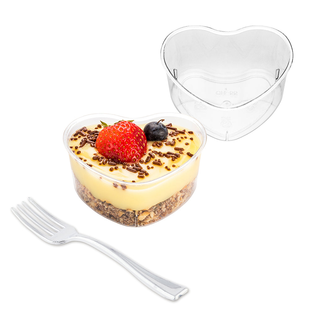 100 Pack 5 oz Clear Plastic Mini Heart Cups & 100 Silver Plastic Mini Forks - Perfect for Valentine's Day, Weddings, Baby Showers, and Party Decorations