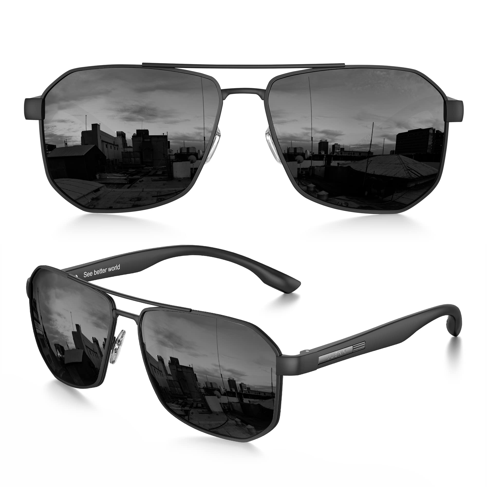 LUENX Men's Aviator Sunglasses - Polarized Square Polygon Lens with UV 400 Protection (Includes Accessories) - Perfect for Driving, Outdoor Sports & Fashion