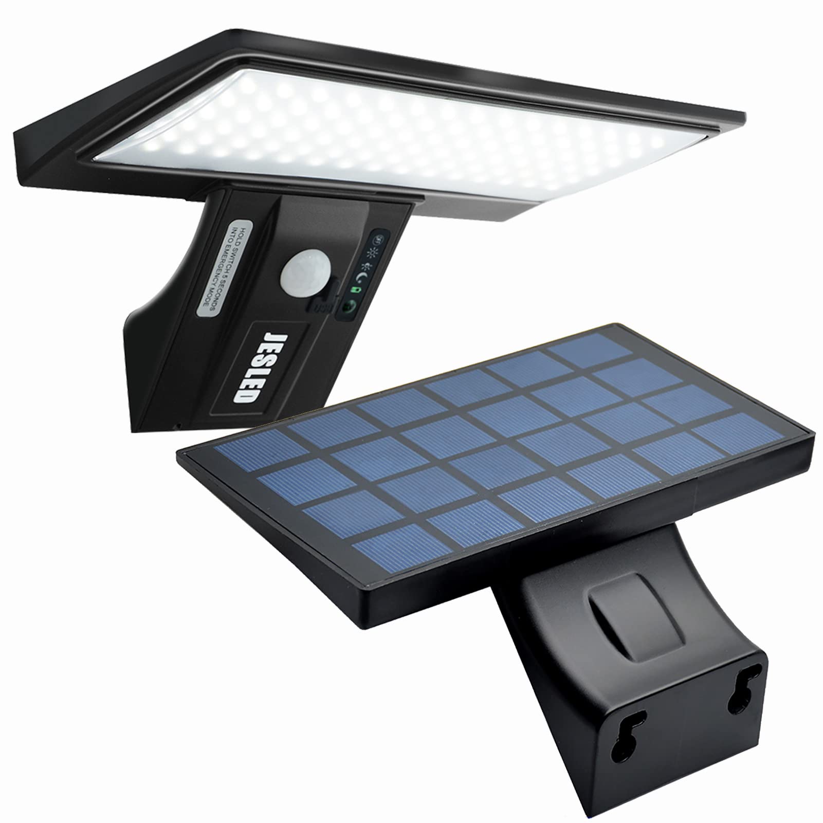 JESLED 90 LED Solar Motion Sensor Outdoor Lights - Bright White Solar Flood Lights with 4 Modes & USB Charging (2600mAh) - All-Night Lighting for Garden, Gutter, Door, Address - Weatherproof Solar Powered Wall Lights (2 Pack) - Perfect for Pathway, Patio, Yard & Home Security