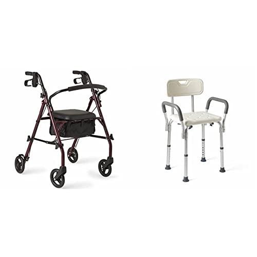 **Medline Rollator Walker with Seat & Shower Chair Combo – Steel Rolling Walker with Padded Armrests & Back Support – Burgundy – Supports Up to 35 lbs – Ideal for Elderly Mobility & Bathroom Safety**