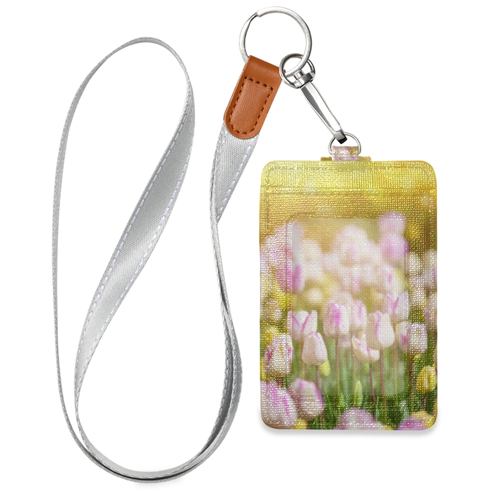 Yellow Tulip Vertical Leather ID Badge Holder with Lanyard - Office & School Staff Use