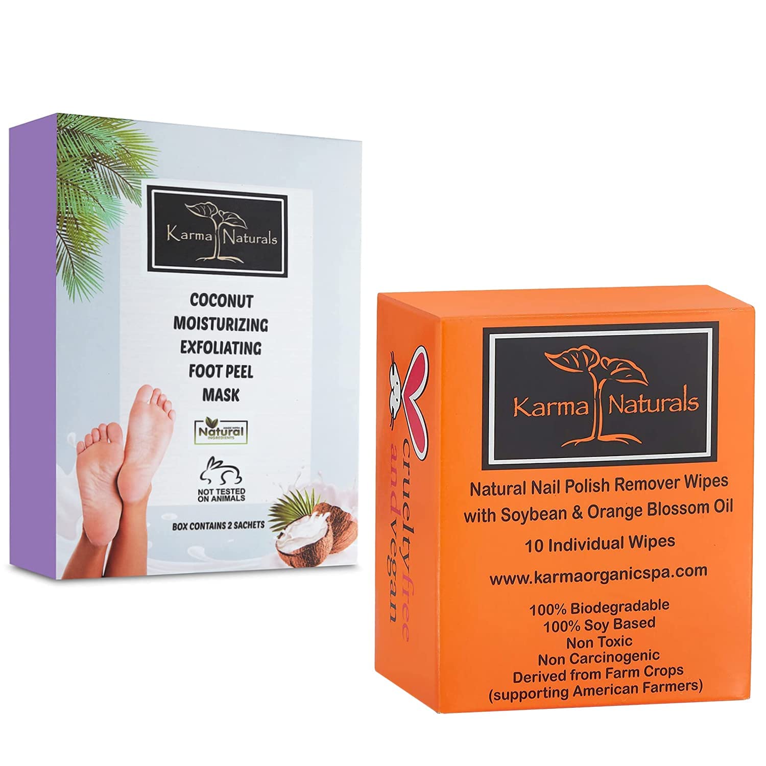Organic Nail Polish Remover Wipes & Coconut Foot Peel Mask Bundle - 2 Pack Exfoliating Foot Mask + 10 Count Orange Blossom Nail Wipes for Spa Pedicure & At-Home Nail Care