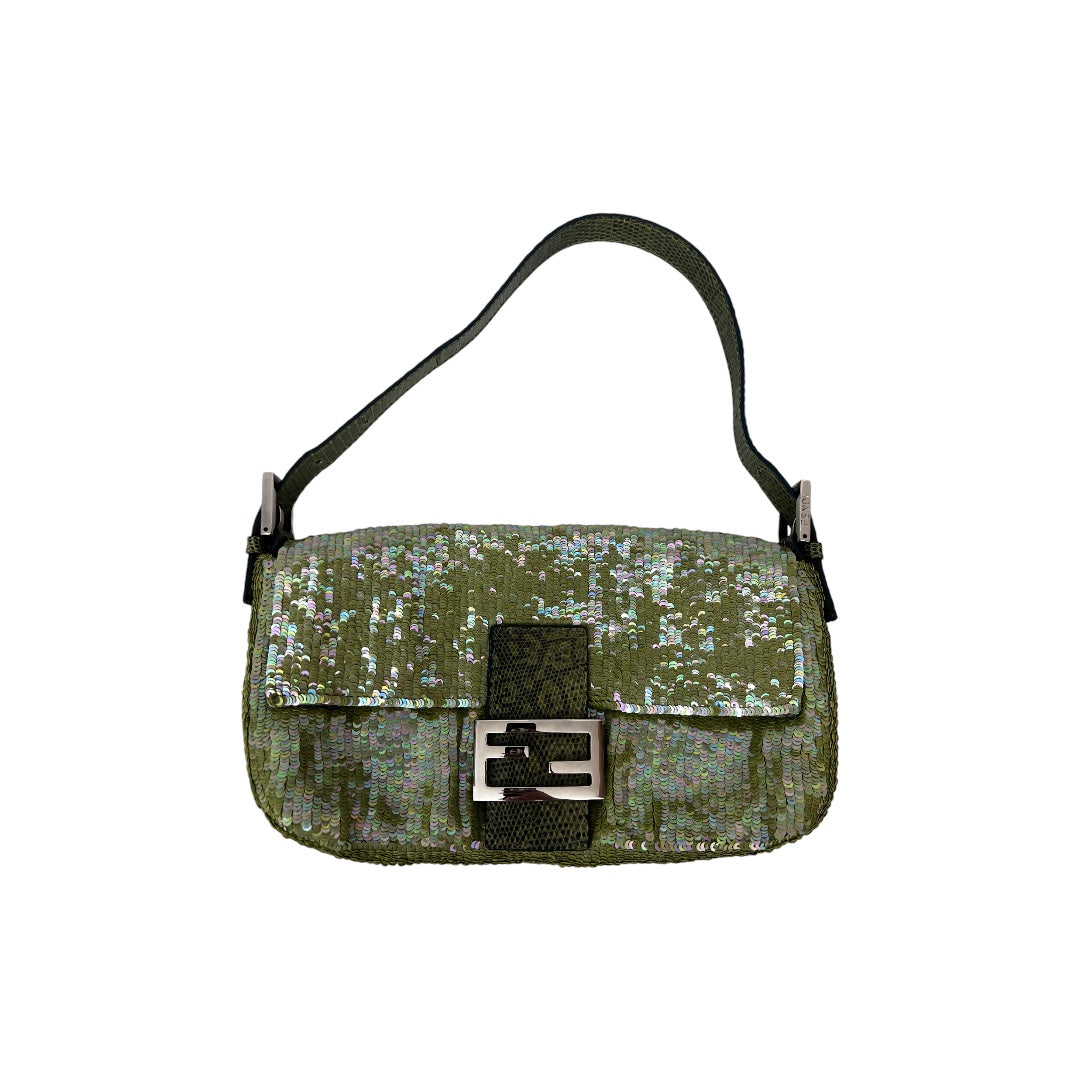 Fendi Green Sequin Lizard Trimmed Baguette Handbag - Luxury Evening Clutch for Parties, Weddings & Special Events