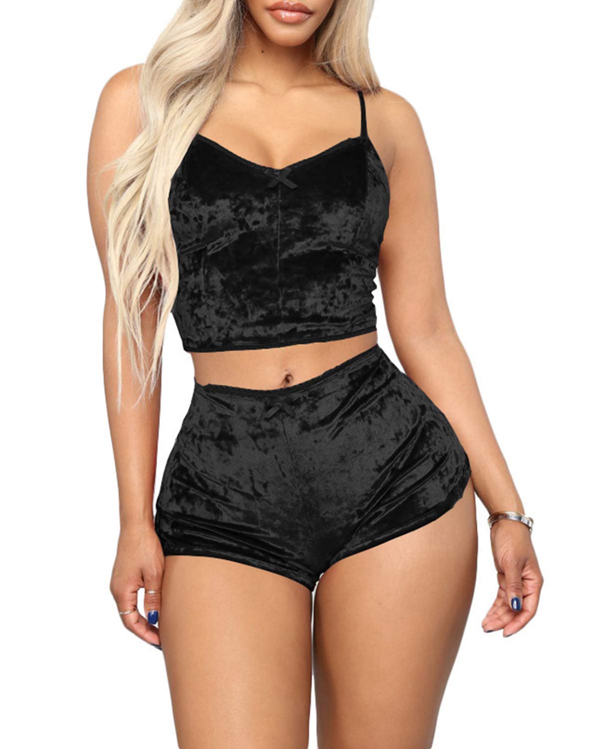 Women's 2 Piece Velvet Lounge Set - Soft Spaghetti Strap Crop Top & Comfortable Shorts Pajama Set for Sleepwear, Loungewear, and Home Relaxation