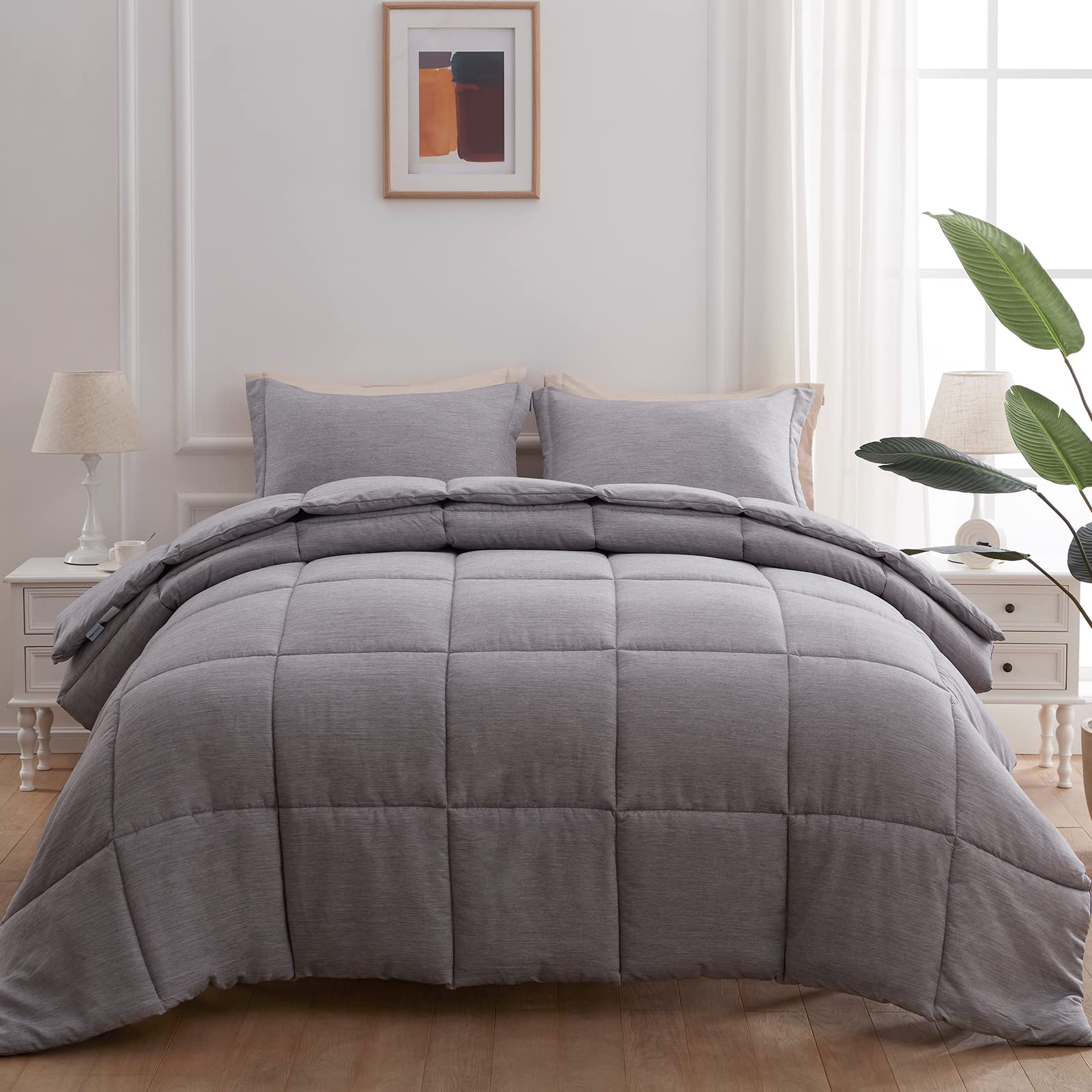 NexHome Queen Comforter Set - Grey All-Season Soft Bedding, 3-Piece Cationic Dyeing Set with Comforter & 2 Pillow Shams | Cozy Home Decor for Master Bedroom, Guest Room & Airbnb Stays