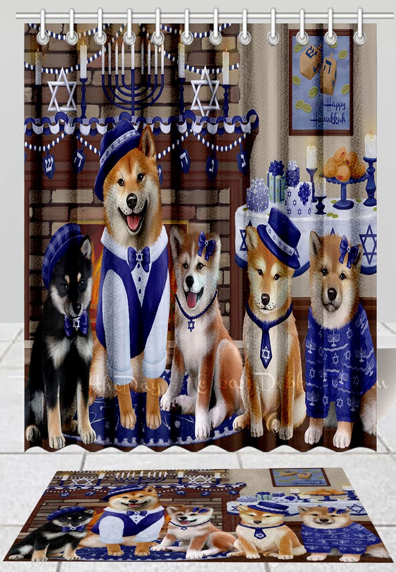 Happy Hanukkah Family Shiba Inu Dogs Bath Mat & Shower Curtain Set - Non-Slip Bathroom Decor, Plush Rug & Polyester Curtain with Hooks (Mat 20