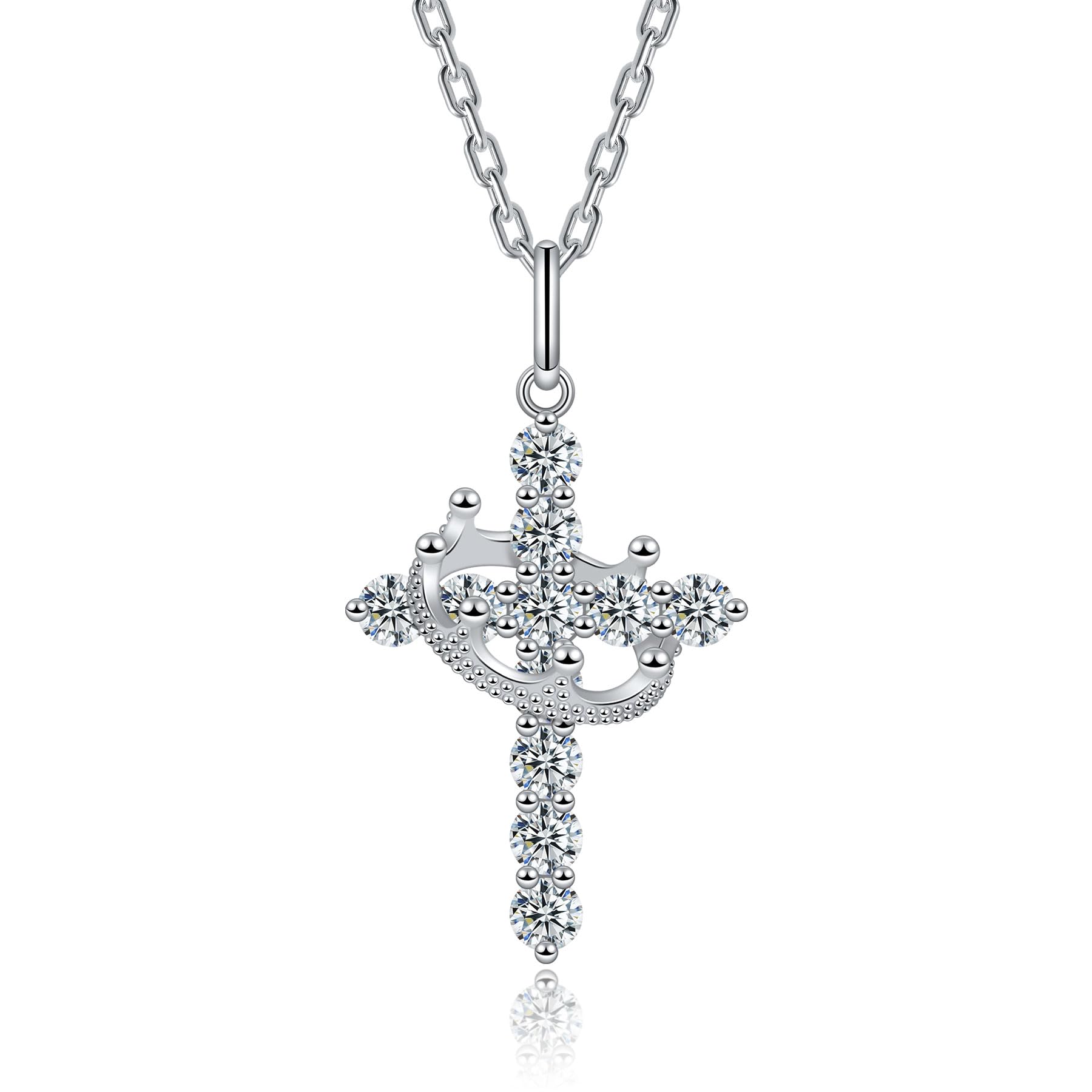 Moissanite Cross Necklace with Crown for Women - Sterling Silver Christian Faith Pendant Jewelry - Elegant Gift for Baptism, Confirmation & Religious Occasions