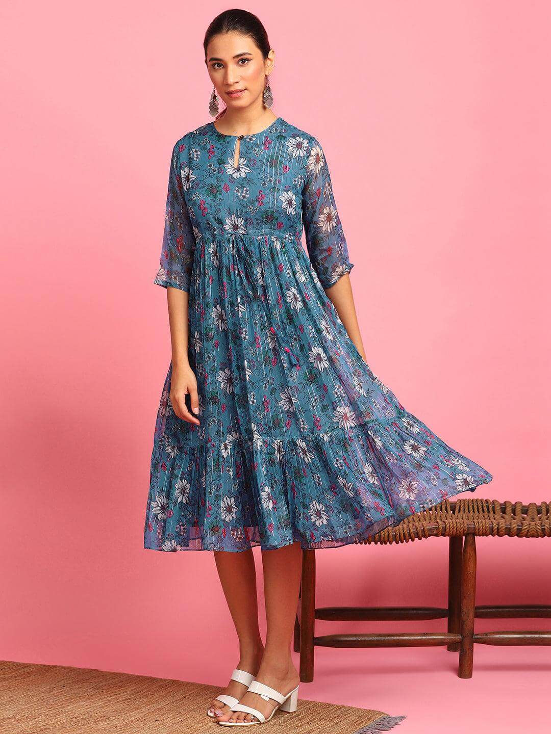 Blue Poly Georgette Floral Flared Western Dress For Women (D1236) - Perfect for Summer Parties, Weddings & Boho Fashion
