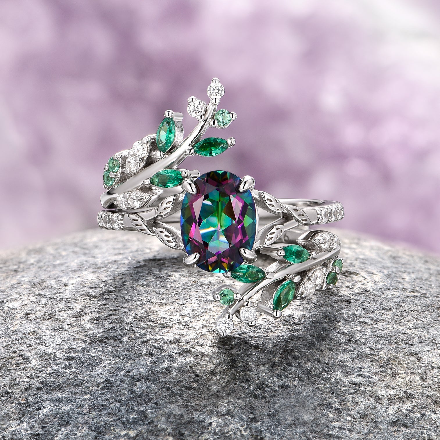 Mystic Topaz & Emerald Fairy Leaf Ring Set - Sterling Silver Jewelry for Women, Nature-Inspired Leaf Design Rings, Perfect for Weddings, Parties & Everyday Wear