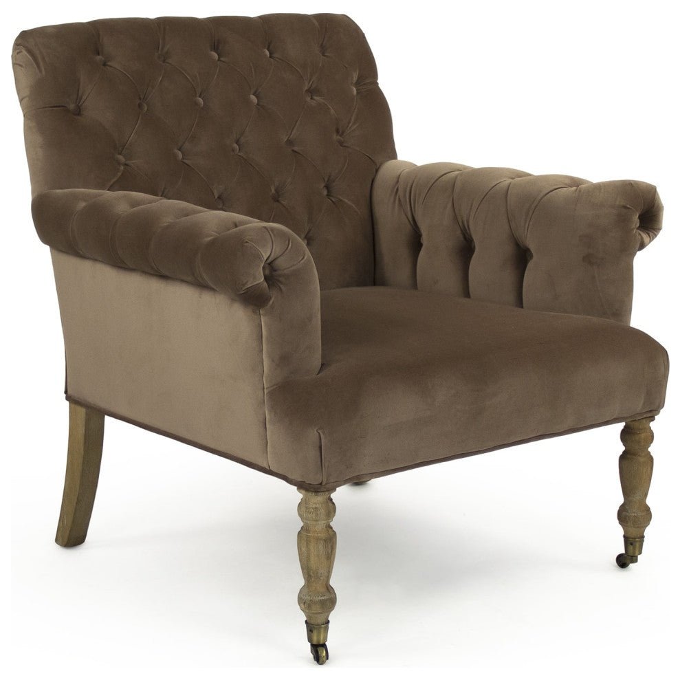 Lorraine Velvet Brown Tufted Arm Chair - Luxurious Upholstered Living Room Accent Chair for Home Office, Bedroom & Lounge Decor