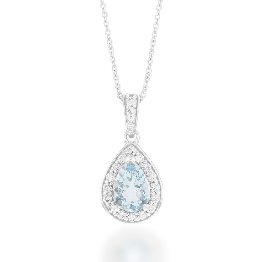 9ct White Gold 0.65ct Aquamarine & 0.15ct Diamond Pear Pendant Necklace - 45cm Chain for Women, Elegant Gift for Birthday, Anniversary & Special Occasions