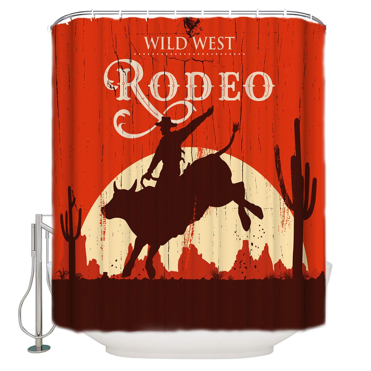 Wild West Rodeo Cowboy Waterproof Polyester Shower Curtain - Machine Washable Bathroom Decor Set with Hooks (No Liner Needed) - Perfect for Western Theme Bathrooms, Ranch Style Homes & Cowboy Decor Enthusiasts