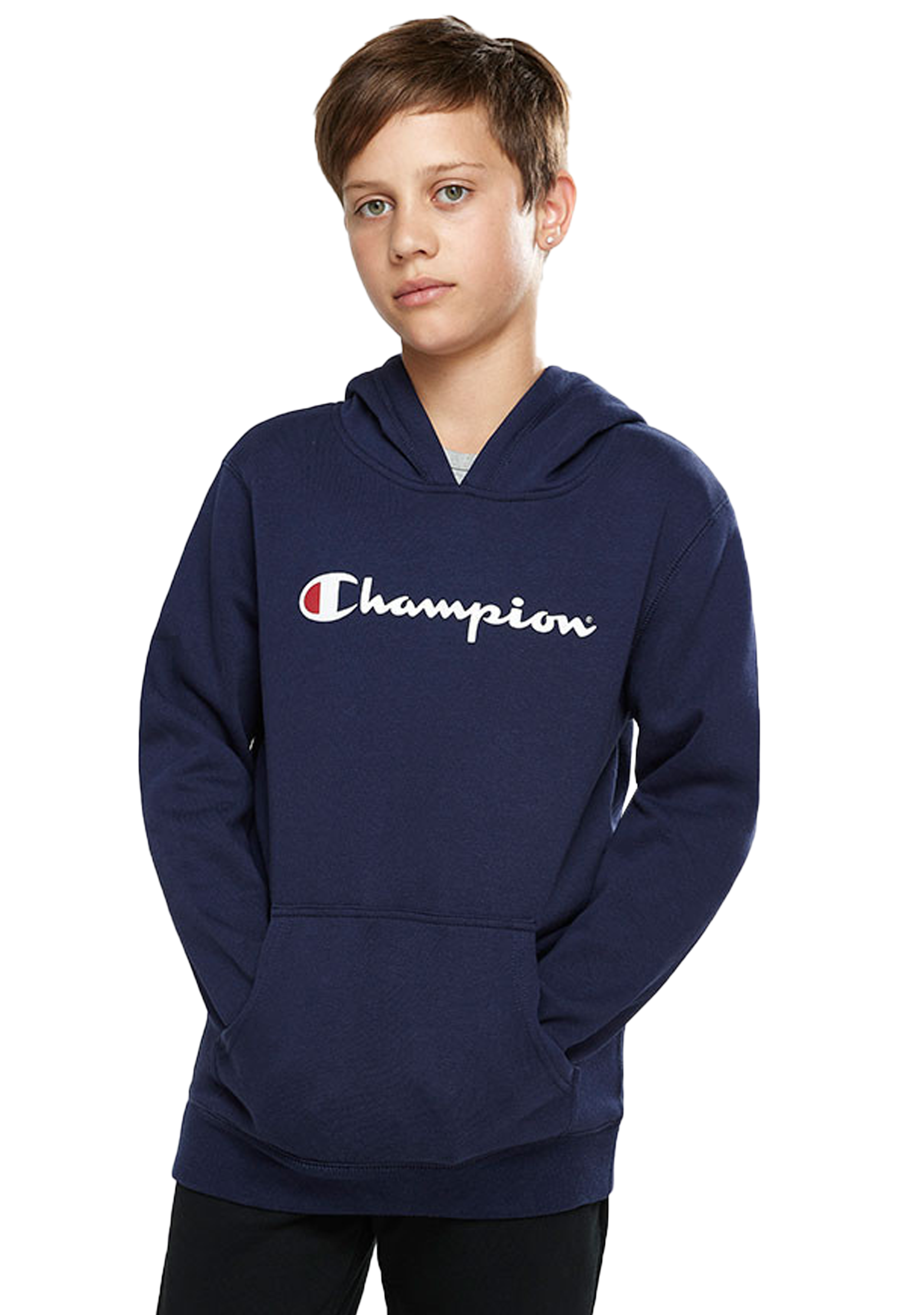 Champion Junior Script Hoodie for Boys & Girls - Soft Fleece Pullover with Front Pocket - Navy Blue - Perfect for School, Sports & Casual Wear