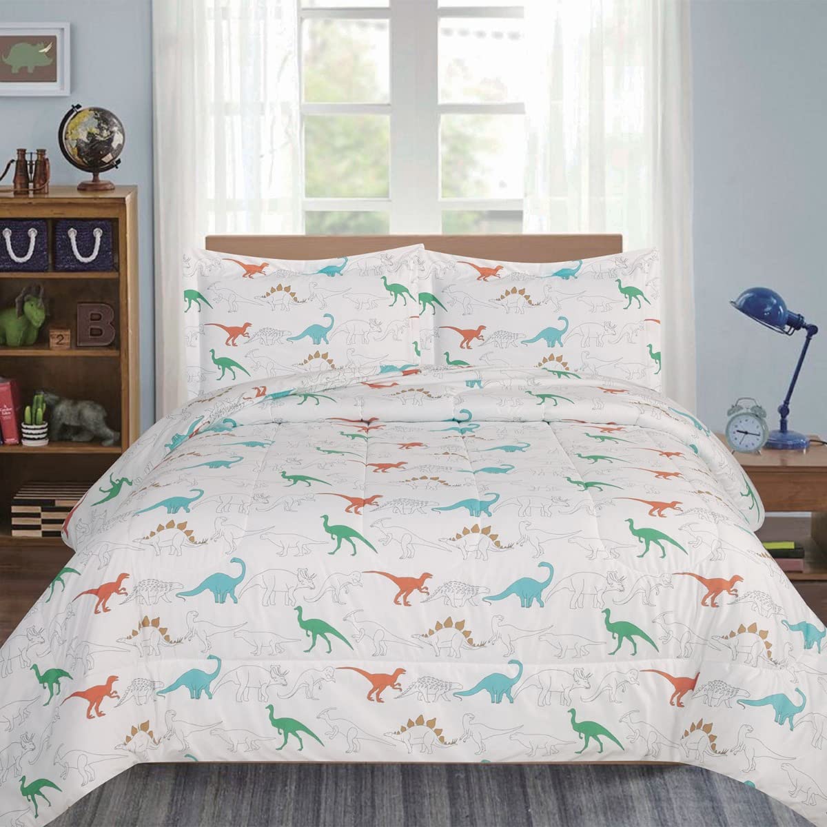 Dinosaur Themed Twin Comforter Set for Kids - 2-Piece Bedding with Matching Pillow Sham | T-Rex Dino Outline in Green, Blue & Orange | Perfect for Boys' Room Decor & Jurassic Themed Bedrooms