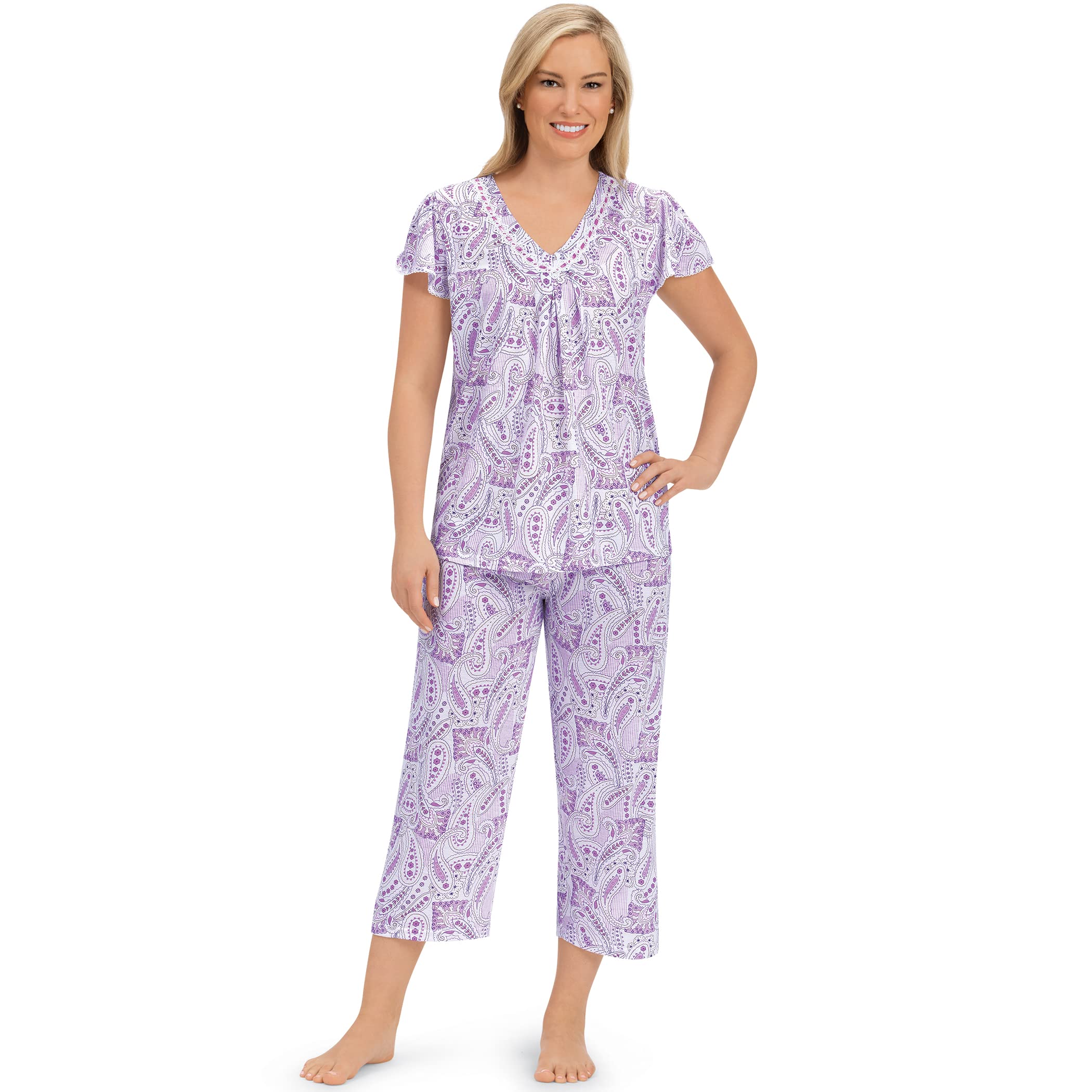 Pretty Paisley Print Crochet Lace Capri Pajama Set for Women - Soft Cotton Sleepwear with Elastic Waist - Perfect for Lounging, Sleepovers & Cozy Nights at Home
