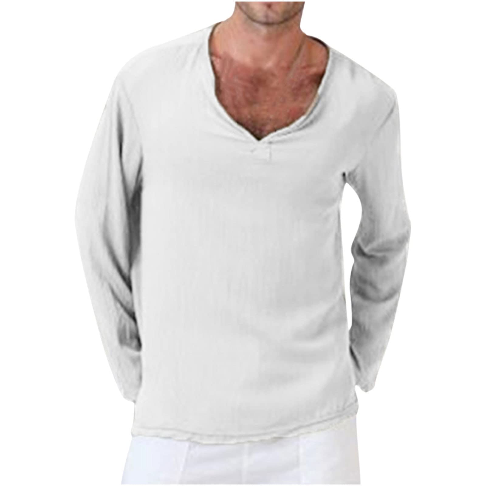Men's Casual Long Sleeve Henley V-Neck T-Shirt - Retro Summer Loose Fit Solid Color Cotton Blend Comfortable Tee for Everyday Wear, Outdoor Activities & Relaxation