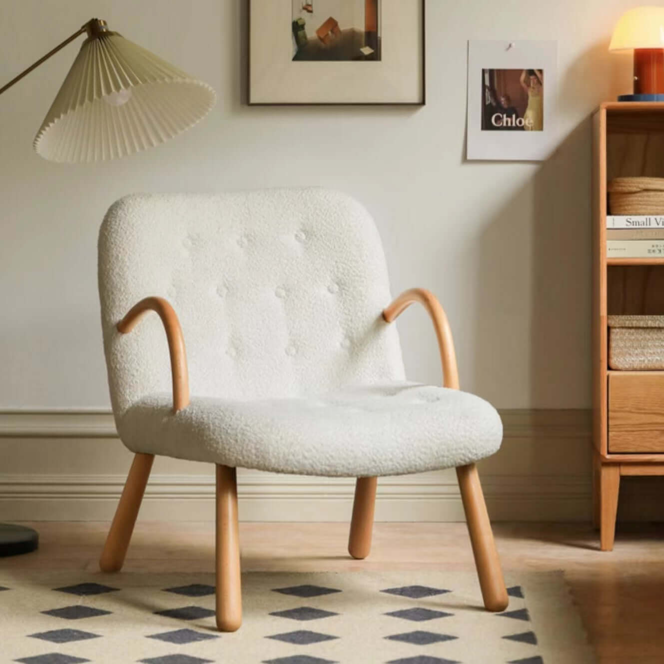 White & Green Boucle Sherpa Lounge Chair with Solid Wood Frame - Cozy Armchair for Living Room, Bedroom, or Office Reading Nook