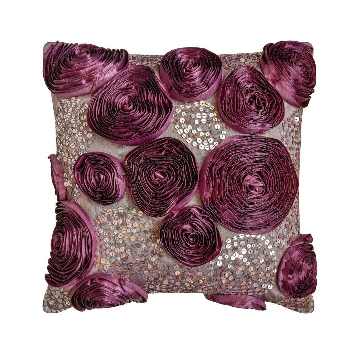 Luxury Silk Pillow Covers 16x16 Inch (40x40 cm) - Decorative Plum Throw Pillow Cases with Ribbon Embroidery & Sequins for Sofa, Bed, Living Room - Elegant Wine and Roses Floral Design for Home Decor