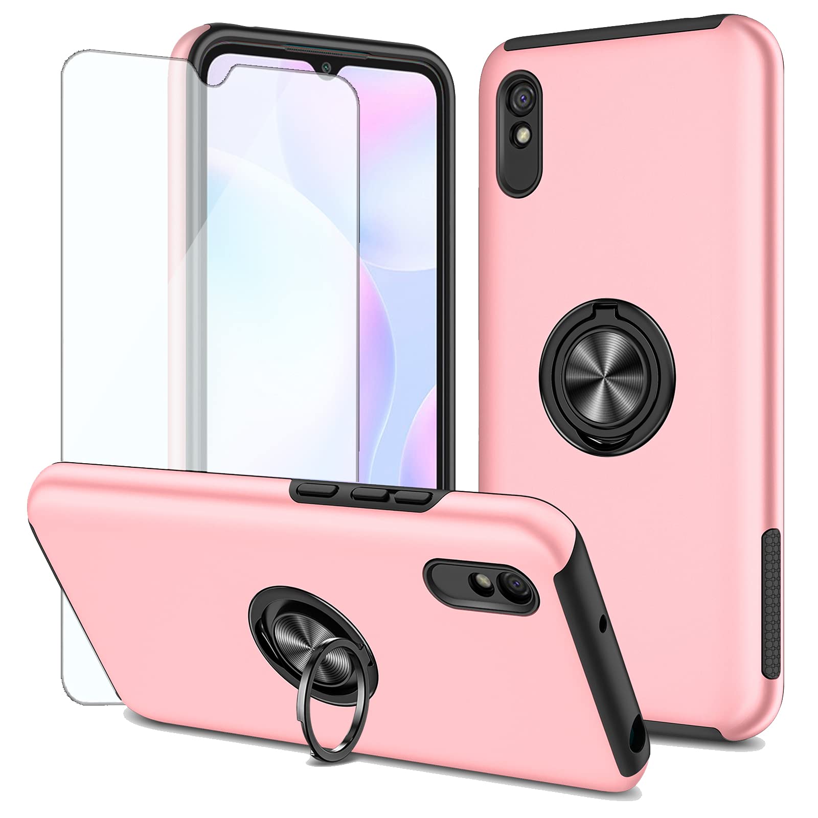 Premium Magnetic Ring Holder Phone Case & Tempered Glass Screen Protector for Xiaomi Redmi 9A/9i/9A A9 - Slim Protective Cover with Kickstand (Rose Gold) - Perfect for Daily Use, Travel & Hands-Free Viewing
