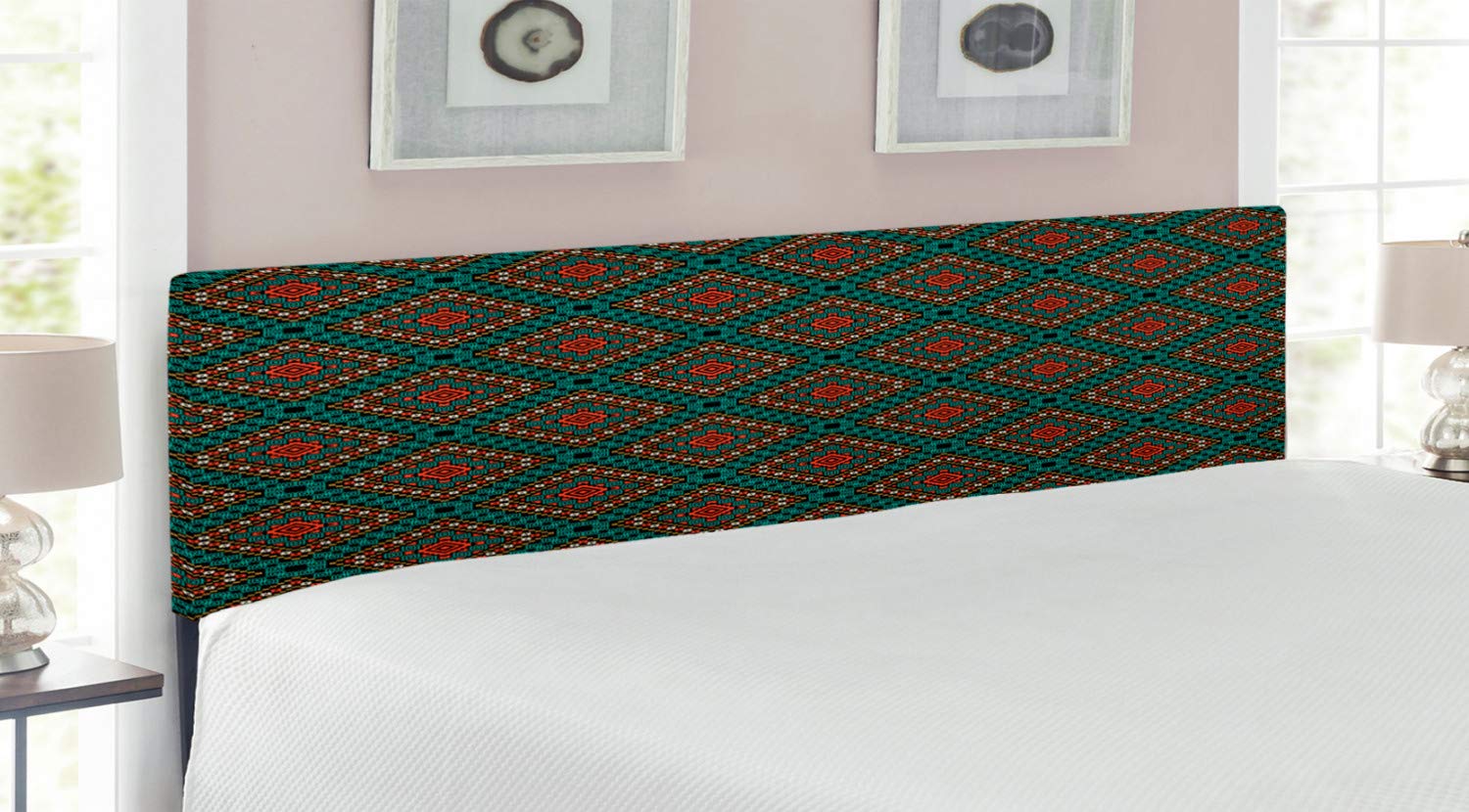 Ambesonne Ethnic Upholstered Headboard with Antique Tile Pattern - King Size Coral Teal Black Memory Foam Bed Headboard for Master Bedroom & Guest Room Decor