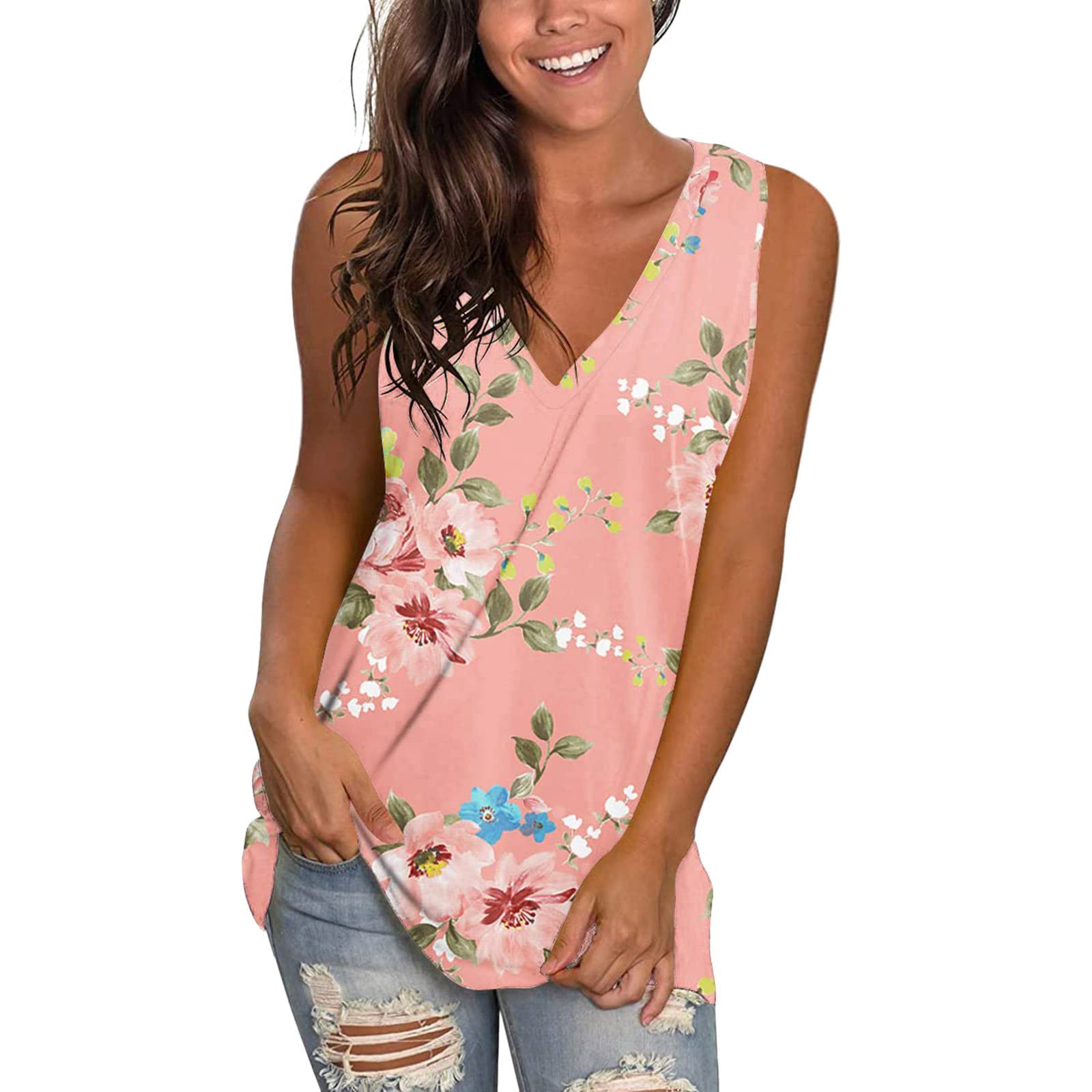 Women's Summer Floral V-Neck Sleeveless Tank Tops - Casual Loose Fit Blouse & Basic Tees for Women | Perfect for Beach, Vacation & Everyday Wear