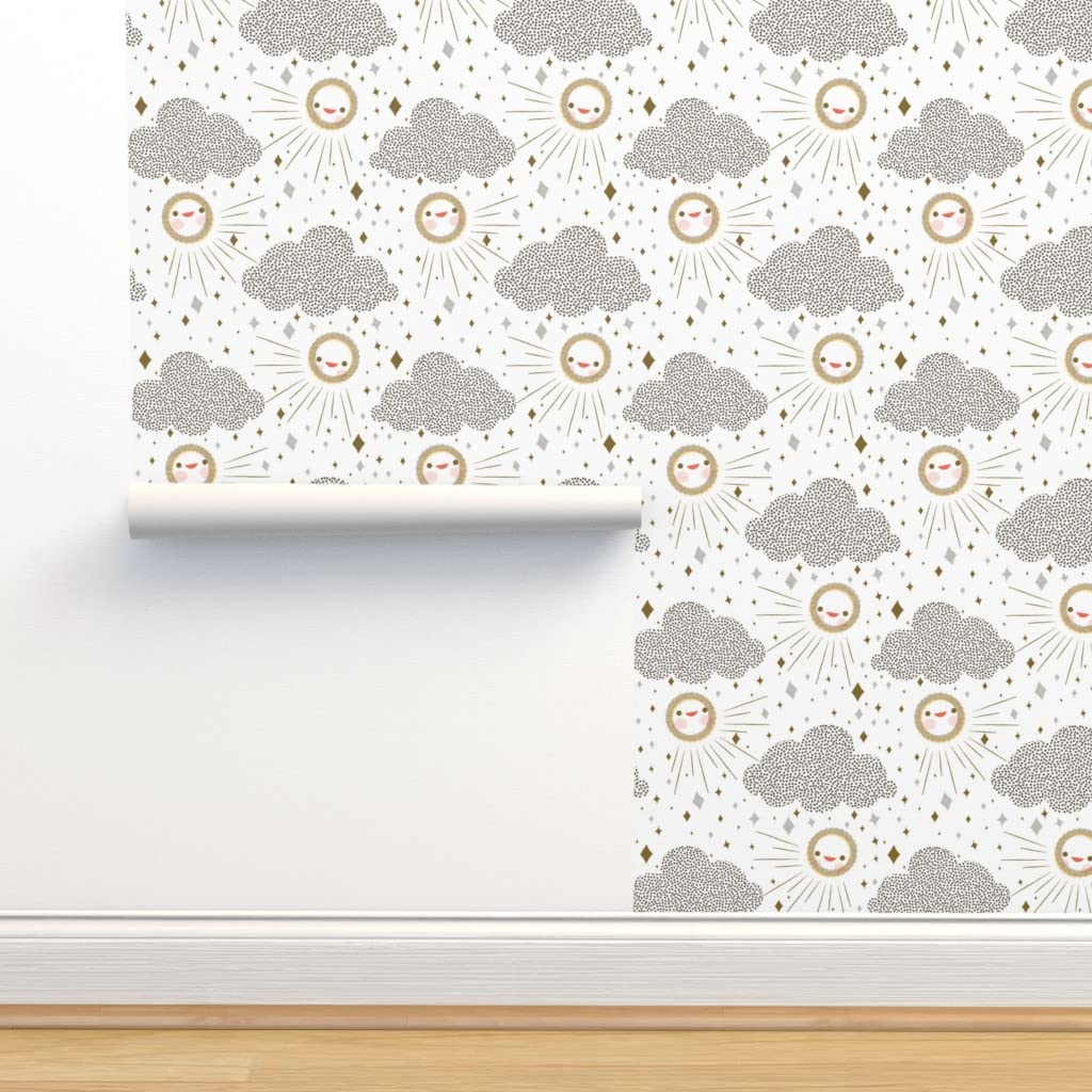Peel & Stick Removable Wallpaper 12ft x 2ft - Sun Clouds Kawaii Nature Whimsical Geometric Gender Neutral Nursery Decor | DIY Home Office Bedroom Wall Covering