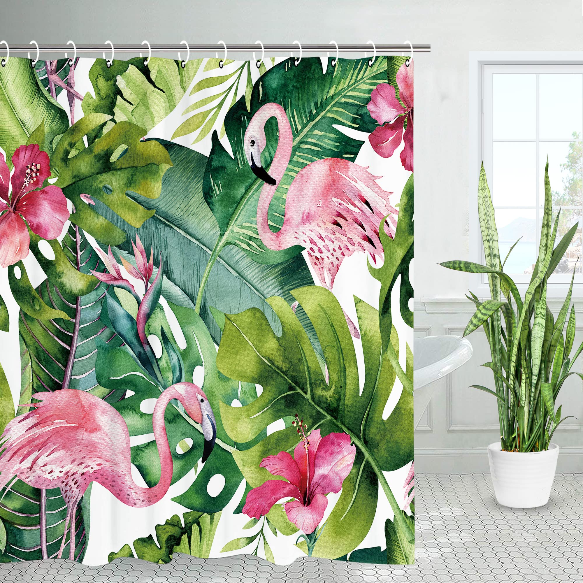 LIVILAN Tropical Flamingo Shower Curtain Set - 72x84 Inch Green Botanical Bathroom Decor with 12 Hooks | Waterproof Bath Curtain for Beach House, Spa Retreat & Tropical Themed Bathrooms