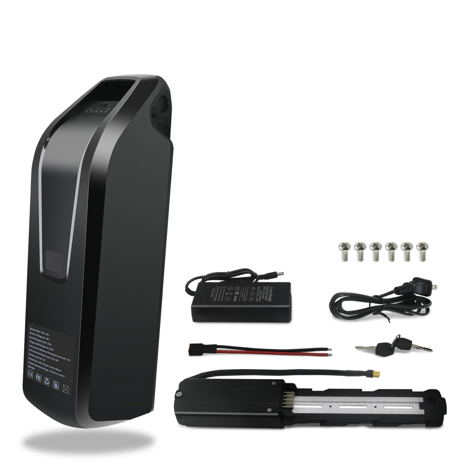48V 17Ah Lithium Battery for Ebike - Fast Charging 2A, 30A BMS, USB Output, Safe Lock & LED Indicator - Compatible with 0-1400W Motors - Perfect for Commuting, Mountain Biking & Long-Distance Rides (Includes Base & Charger)