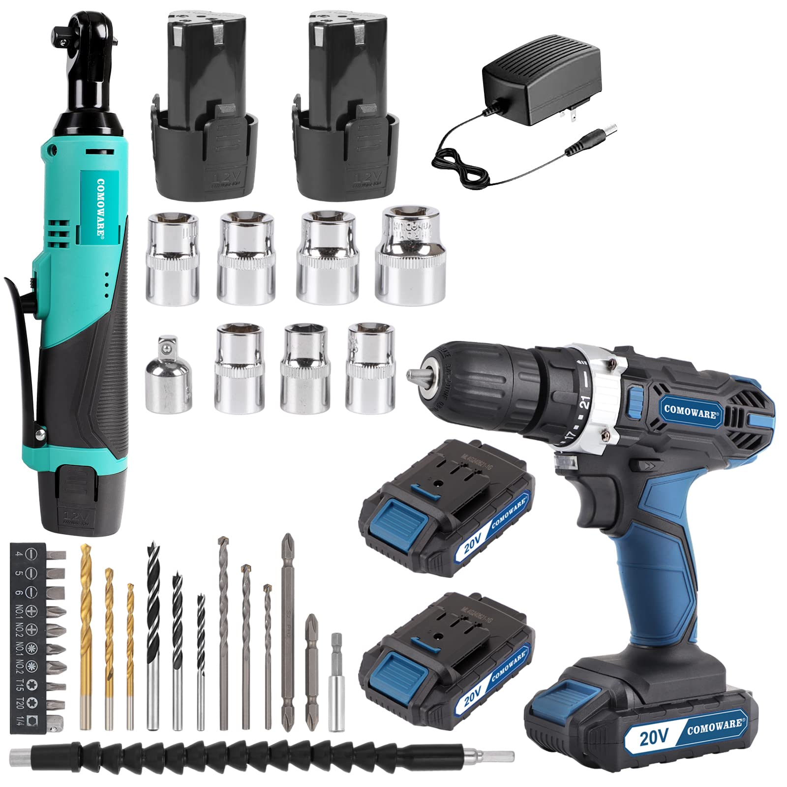 COMOWARE Cordless Electric Ratchet Wrench & Drill Combo Kit - 3/8