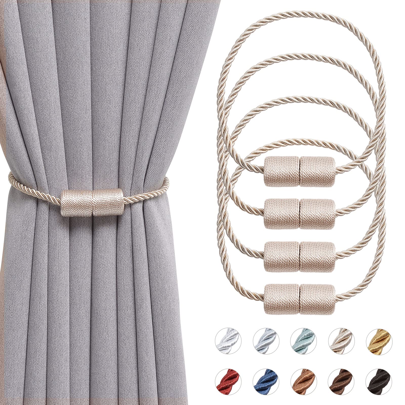 NICEEC 4 Pack Magnetic Curtain Tiebacks - 16 Inch Handwoven Decorative Rope Holdbacks for Drapes & Curtains - Beige Cylinder Design for Home & Office Window Decor (Perfect for Living Room, Bedroom & Office)
