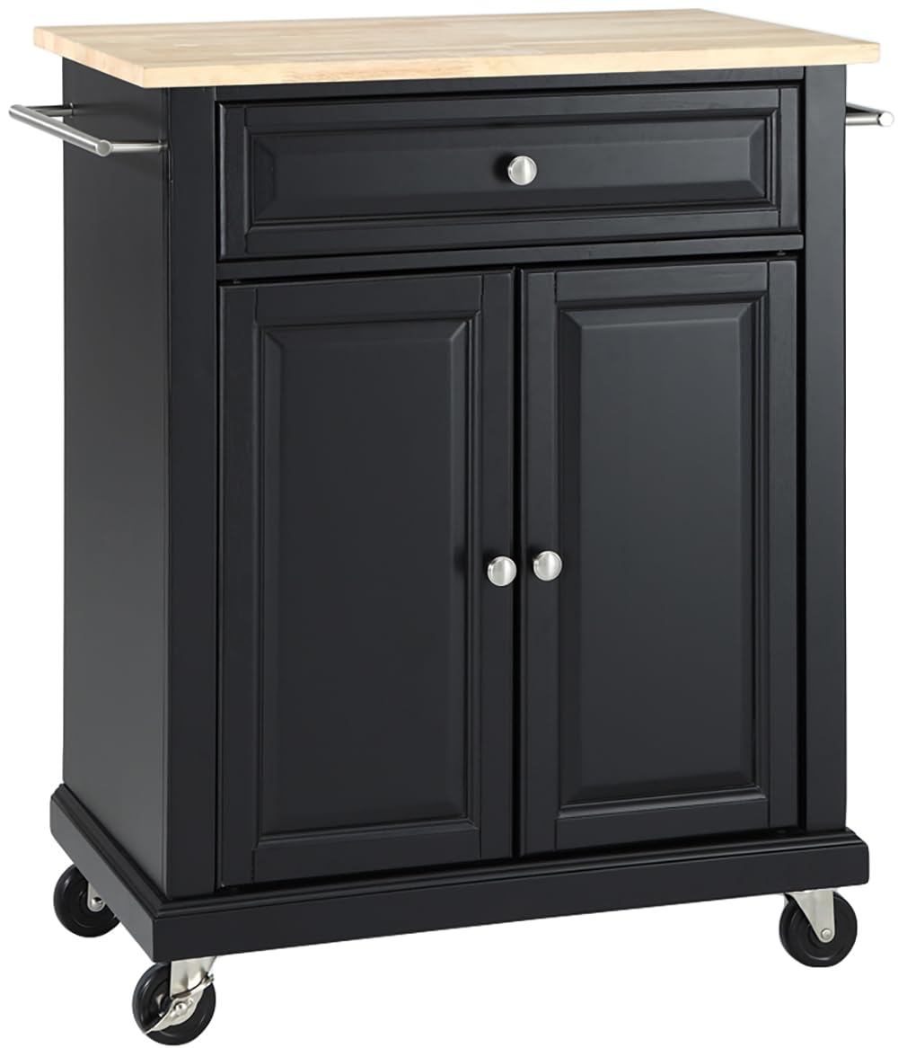 Crosley Compact Wood Top Rolling Cart with Shelves - Microwave Stand, Towel Rack, Small Kitchen Cart - Perfect for Dorm, Apartment & Small Space Organization (Black)