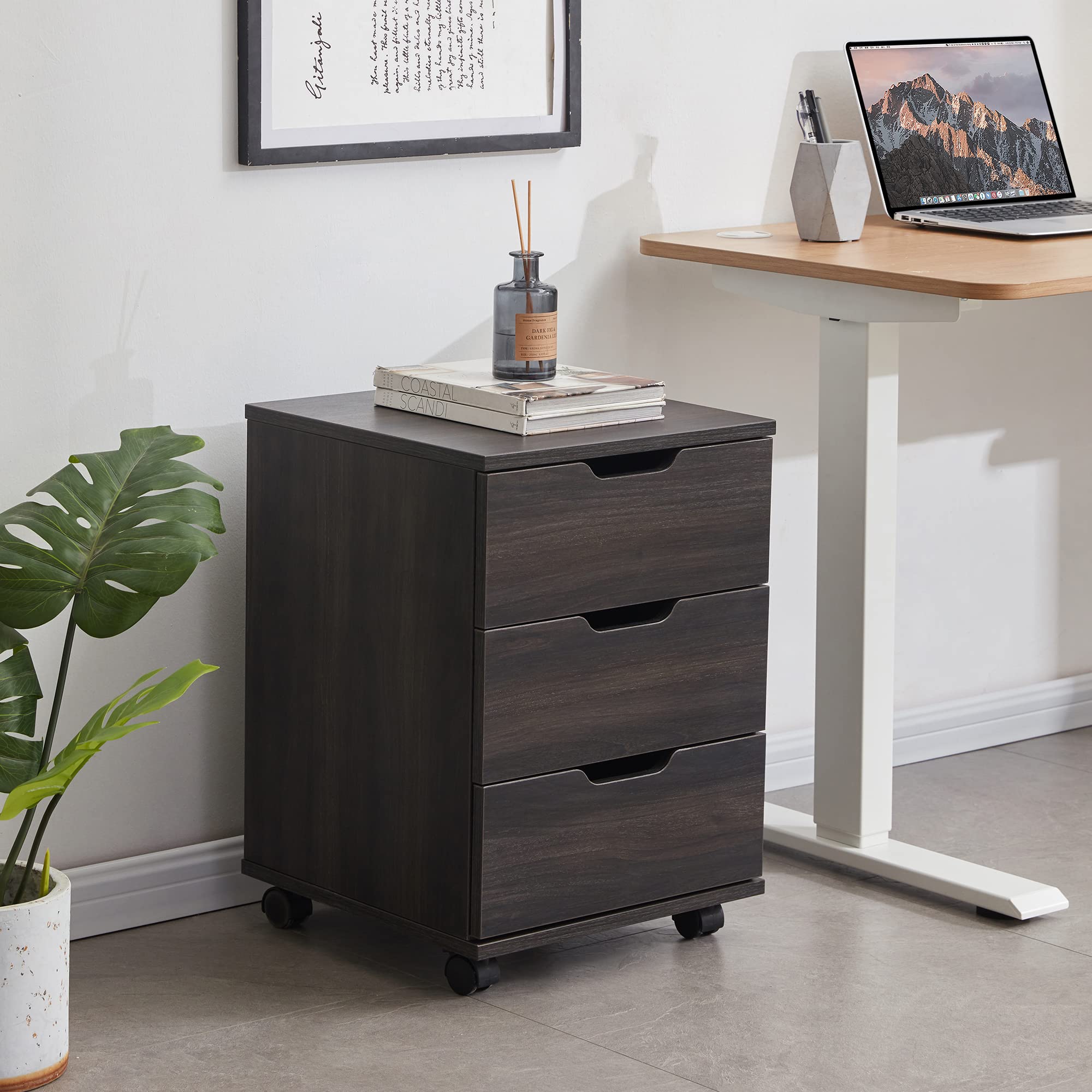 Farini 3-Drawer Vertical Rolling File Cabinet - Mobile Wooden Storage Organizer with Casters for Home Office, Under Desk Use - Dark Walnut Finish, Fully Assembled - Perfect for Document Storage & Workspace Organization
