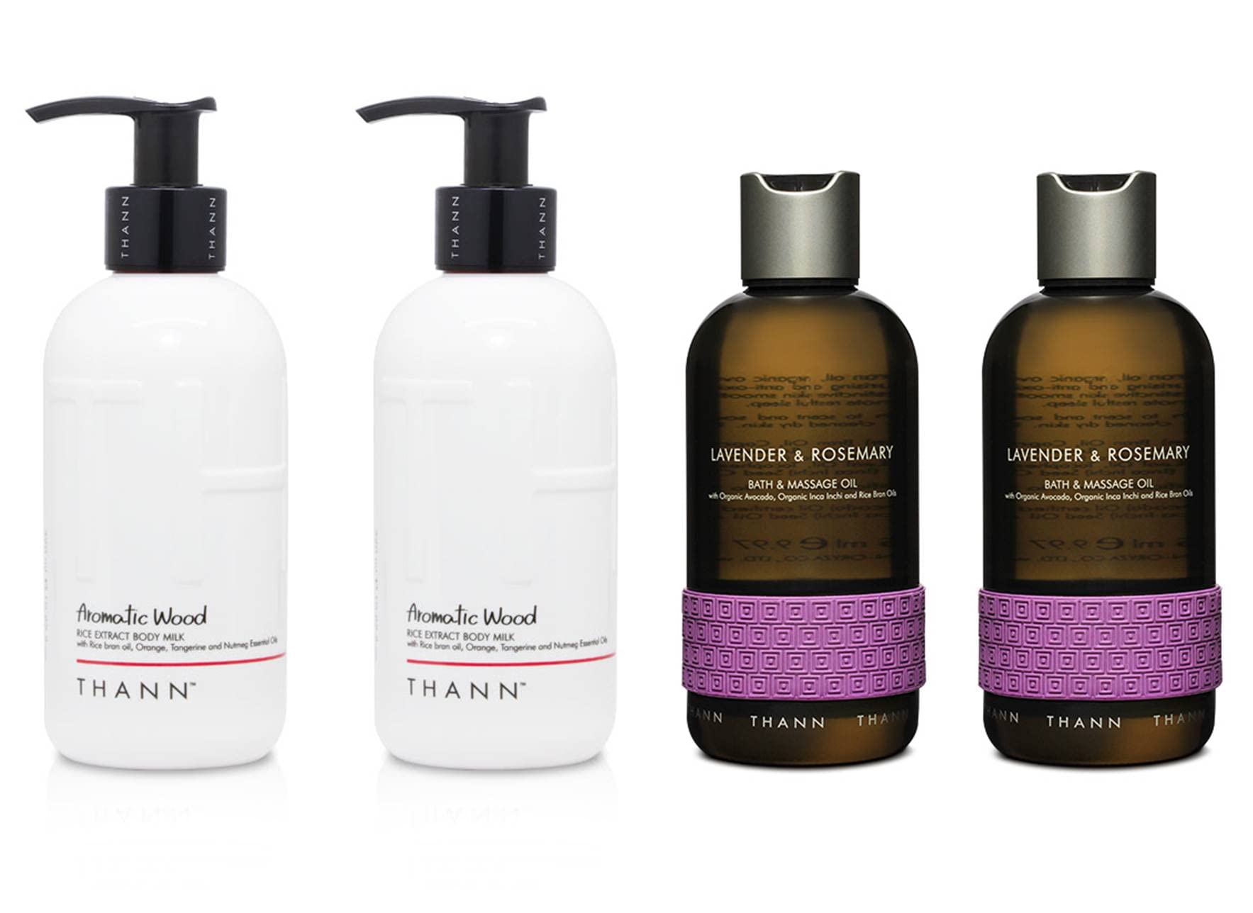 THANN Aromatic Wood Rice Extract Body Milk & Lavender Rosemary Massage Oil Set - Hydrating Skincare & Relaxing Aromatherapy for Spa Day at Home