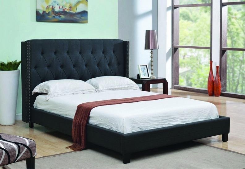Stylish Charcoal Fabric Upholstered Bed Frame with Elegant Nailhead Trim - Perfect for Modern Bedroom Decor and Master Suite Upgrade