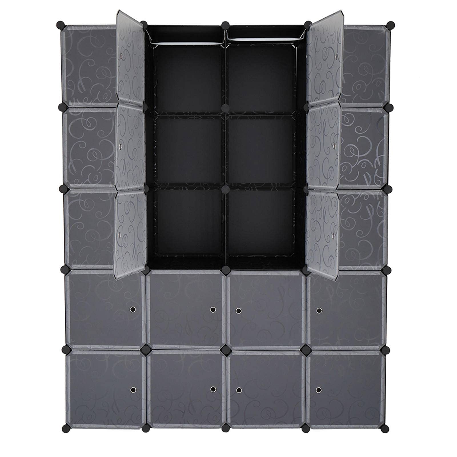 20 Cube Organizer Stackable Plastic Storage Shelves - Modular Closet Cabinet with Hanging Rod (White/Black) | Space-Saving Home Office & Bedroom Organization Solution