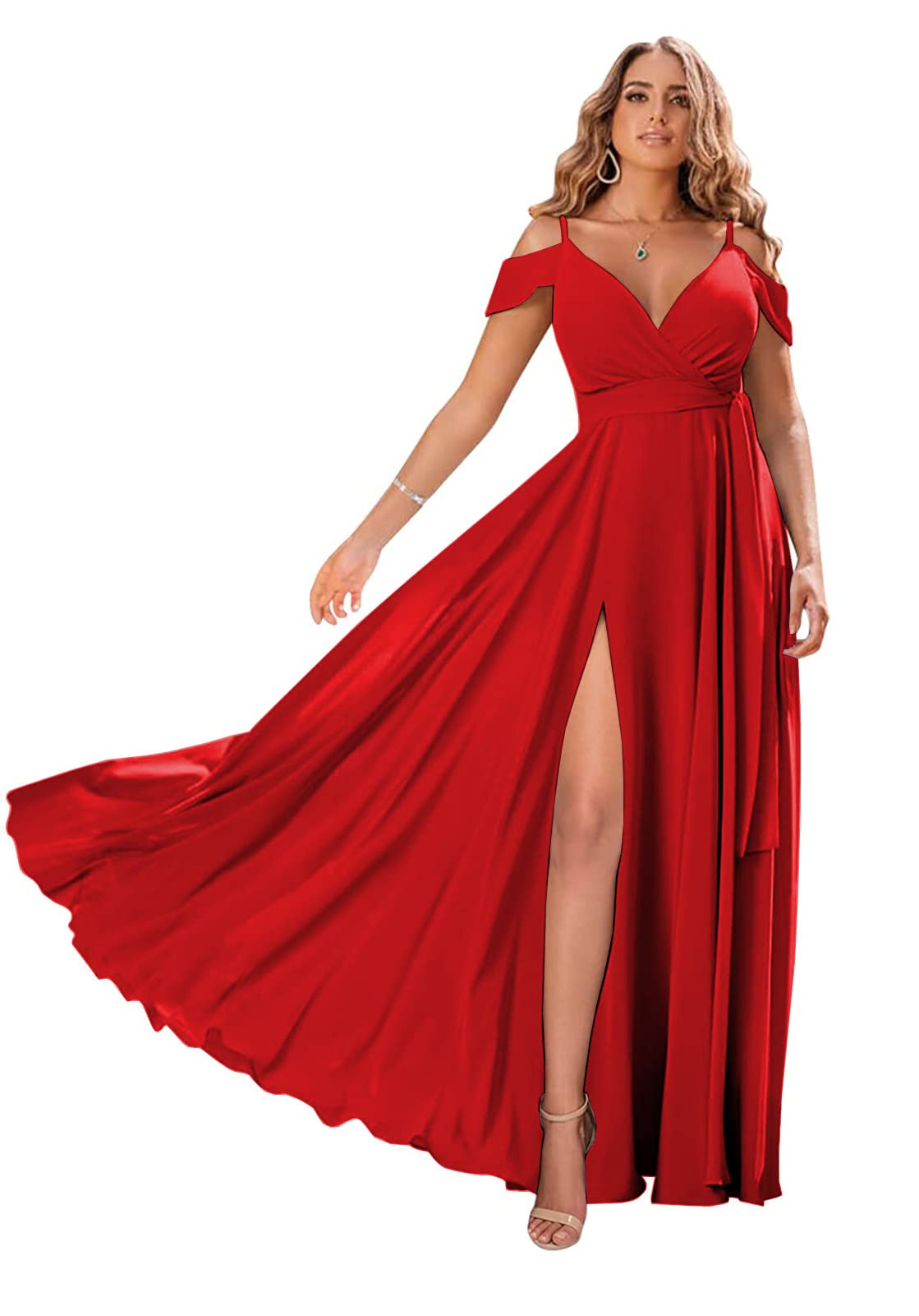 Elegant Off-The-Shoulder Chiffon Bridesmaid Dress with Ruched Detail & High Slit - Formal Evening Gown for Women - Perfect for Weddings, Proms, Galas & Special Occasions