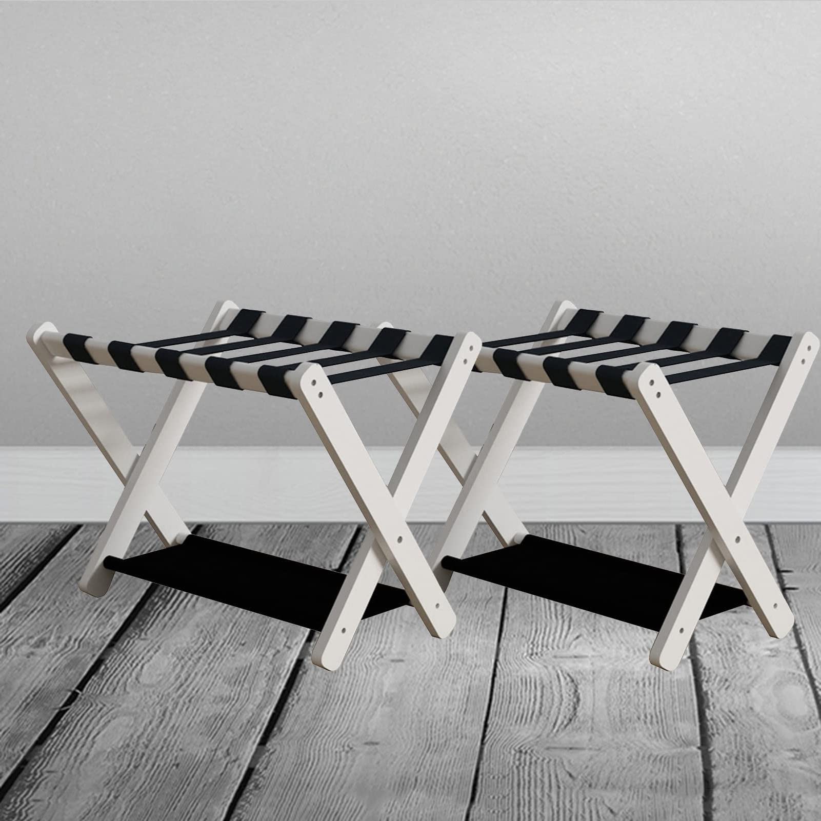 Foldable Wooden Luggage Rack Set of 2 - Double Tier Suitcase Stand with Shoe Shelf | Portable Travel Bag Storage Organizer | Perfect for Bedroom, Hotel & Small Space Organization | Durable Home Storage Solution