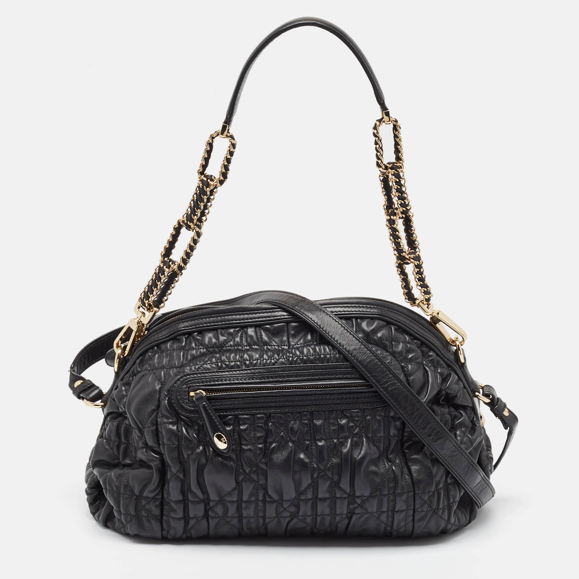 Luxury Black Cannage Gaufre Leather Delices Shoulder Bag for Women - Elegant Crossbody Purse with Gold Hardware, Perfect for Work, Travel & Evening Events