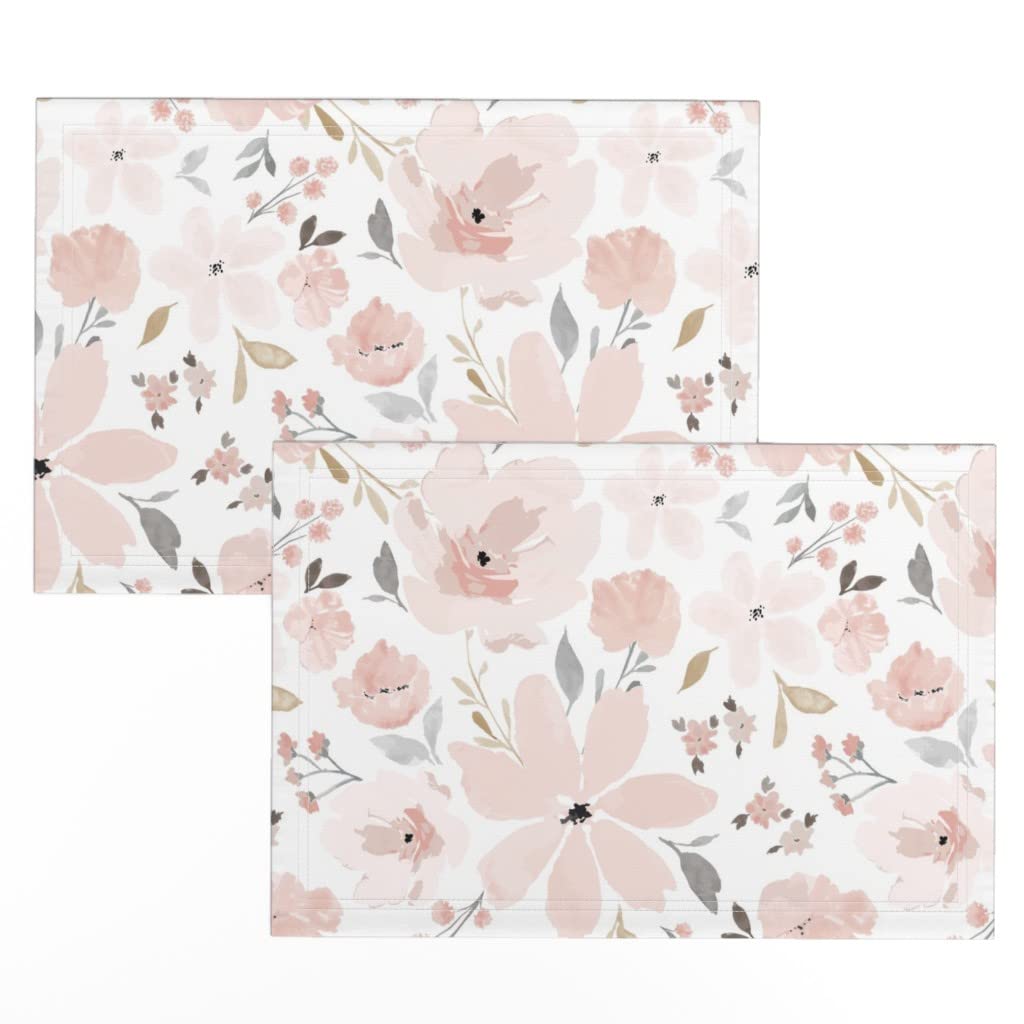 Premium Linen Cotton Canvas Placemats Set of 2 - Golden Floral Large Bloom Print Table Mats for Dining, Kitchen Decor & Holiday Entertaining
