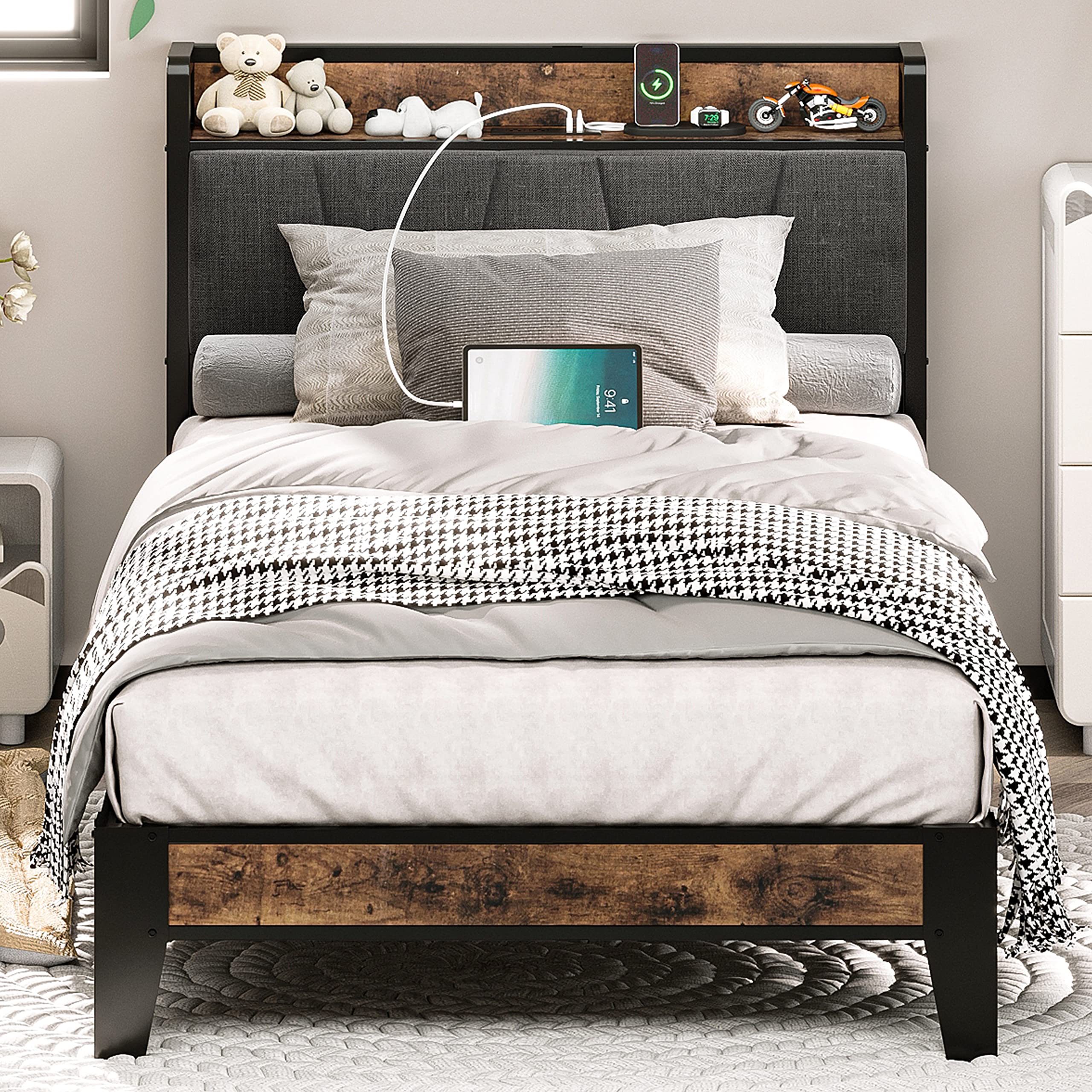 **LIKIMIO Twin Bed Frame with Storage Headboard & USB Charging Station - Sturdy, Quiet, No Box Spring Needed - Easy Assembly for Bedroom, Guest Room, Dorm**
