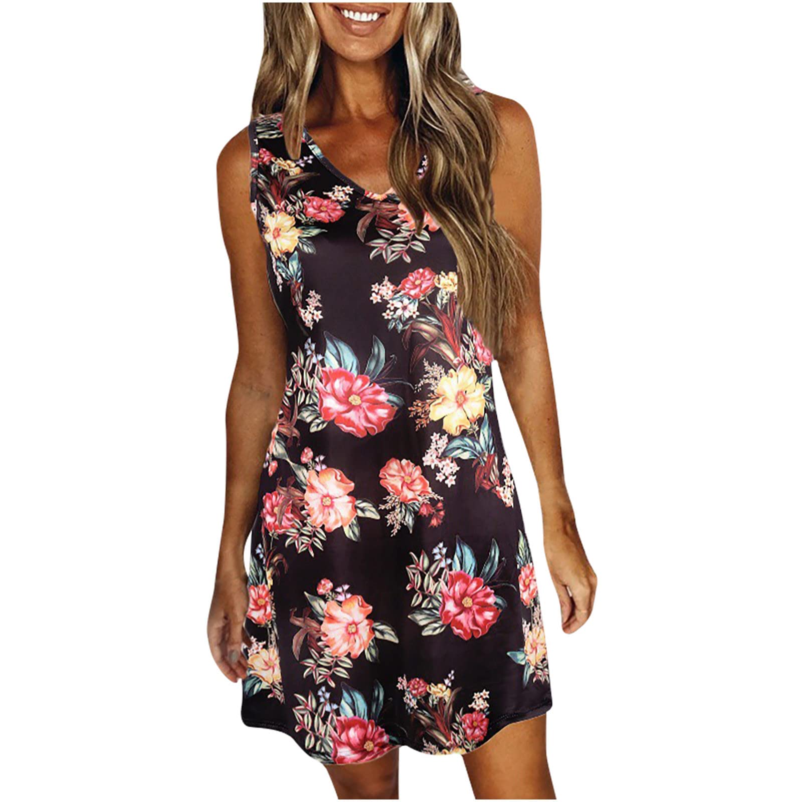 Moxiu Women's Summer Sleeveless V-Neck Floral Print Casual Dress - Lightweight & Breathable for Beach, Vacation, and Everyday Wear