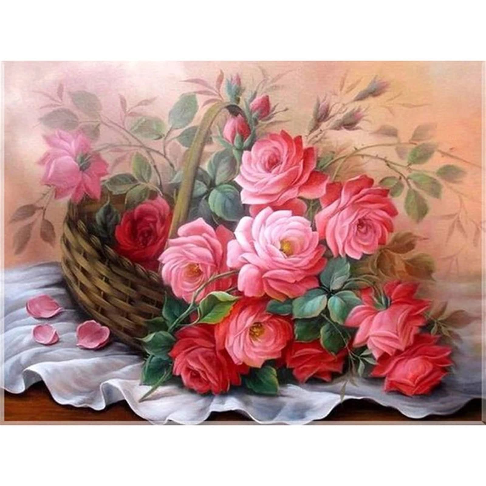 5D Diamond Painting Kit - Basket Flower Round Full Drill Diamond Art for Adults & Beginners, 10x12 inch (25x30cm) DIY Home Wall Decor Gift for Living Room, Bedroom, Office