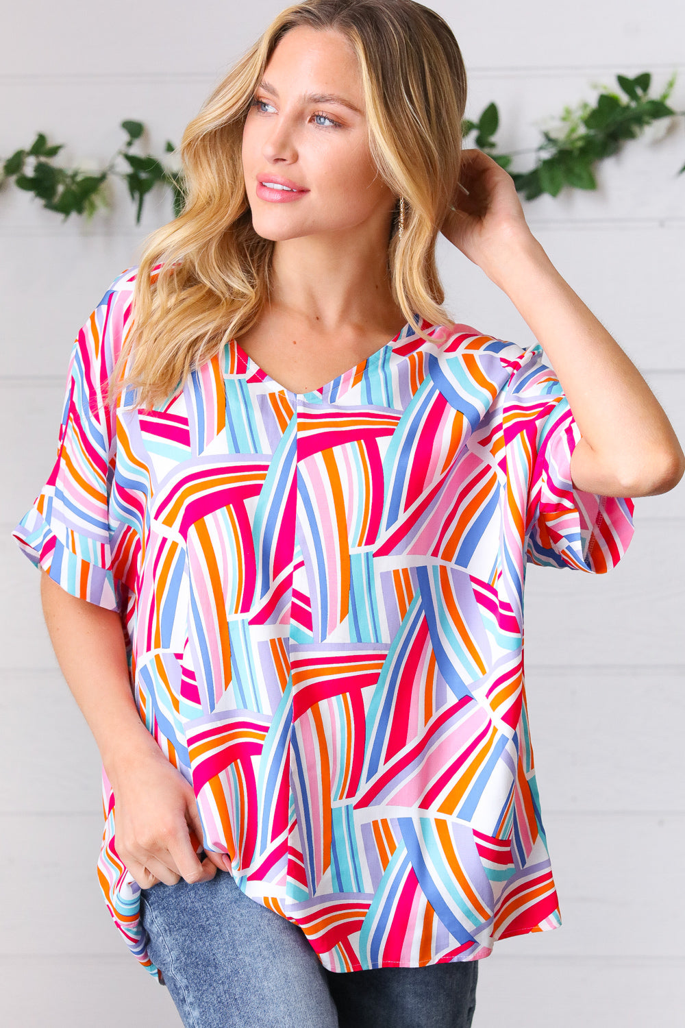 Stylish Blue & Fuchsia Geometric Print Woven Top for Women | Trendy Casual Blouse for Summer Outfits, Office Wear & Date Nights
