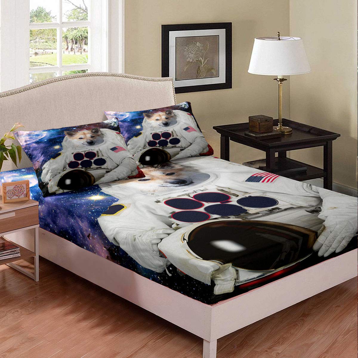 Astronaut Dog Bedding Set - Starry Sky Galaxy Pet Sheets for Queen Bed